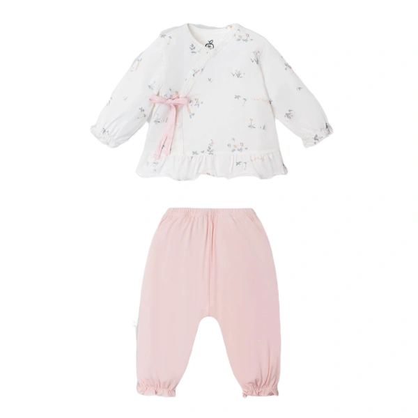 Bộ tay dài cúc lệch La Pomme khu vườn cà rốt màu trắng - hồng