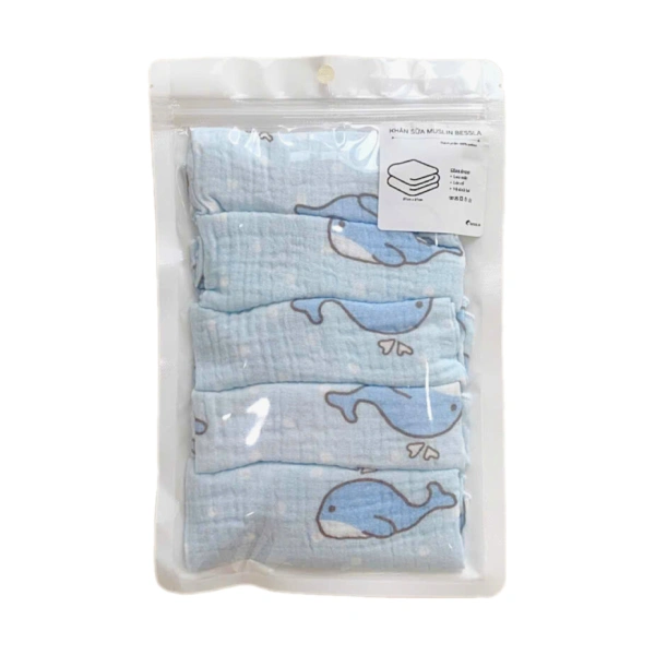 Set 5 cái khăn sữa muslin Bessla 2 lớp 27x27 cm