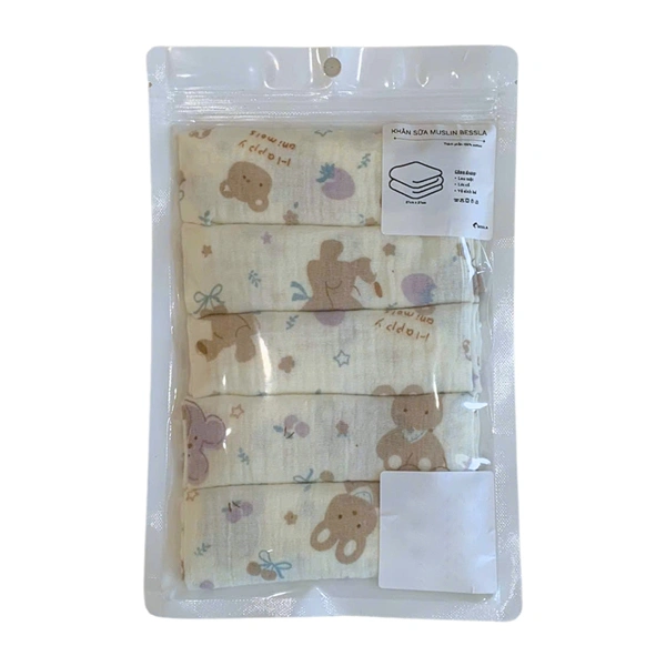 Set 5 khăn sữa muslin 2 lớp Bessla Gấu 27x27 cm