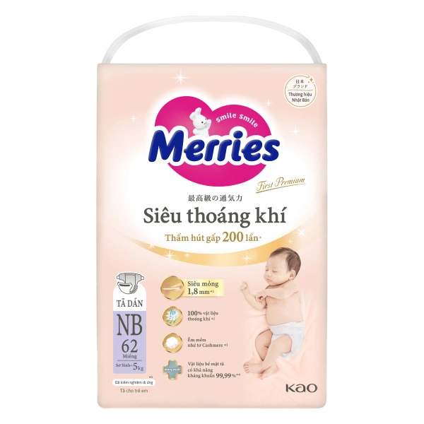 Tã dán Merries First Premium size NB 62 miếng (Dưới 5kg)
